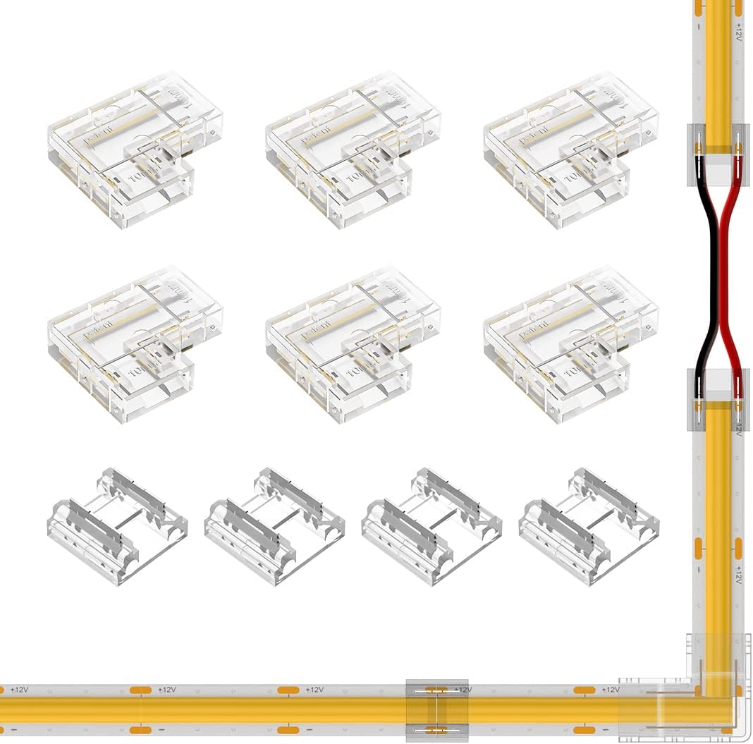 BTF-LIGHTING FCOB LED strip connectors showing transparent design and copper contacts