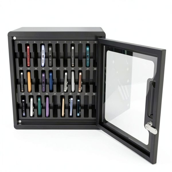 Luxor CHZZ001 CellGuard Phone Storage Cabinet, Cell Phone Locker for Classroom with 32 Foam Slots, Locking Acrylic Door, Powder-Coated Steel, Freestanding, 15"W x 9"D x 16.25"H-1